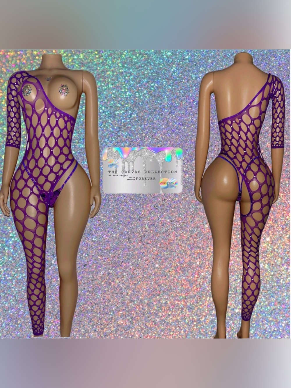 EXOTIC DANCEWEAR:Purple Fishnet Bodysuit, thong, & rhinestone pasties